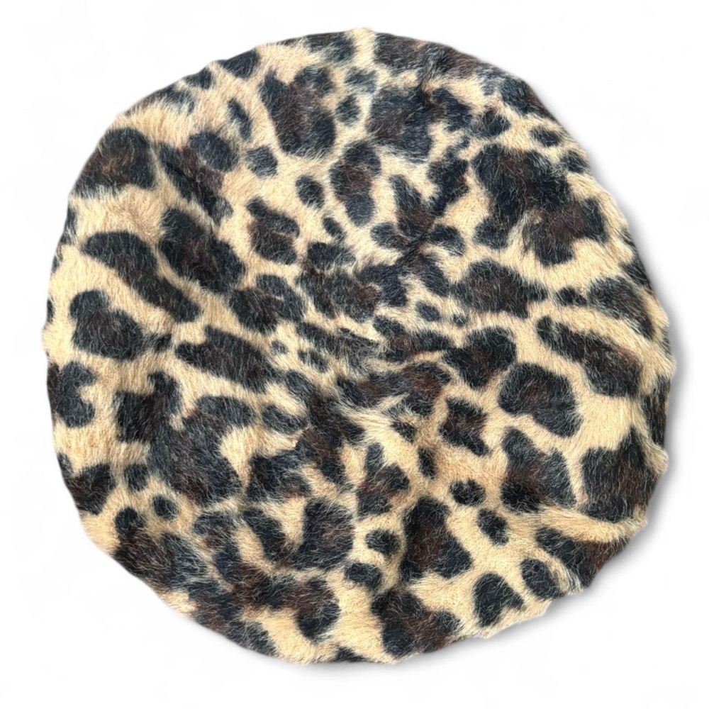 Black and tan leopard print fuzzy faux fur beret - Picture 6 of 8